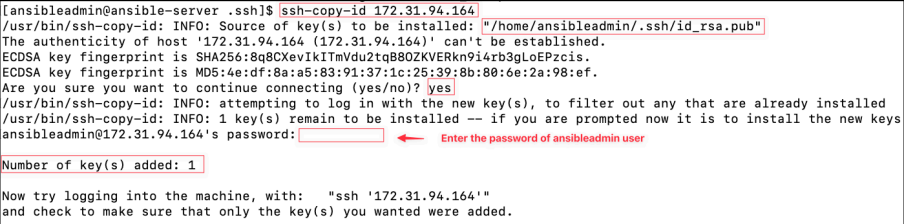 Screenshot illustrating ssh-copy-id [the-ip-address-of-docker-server]