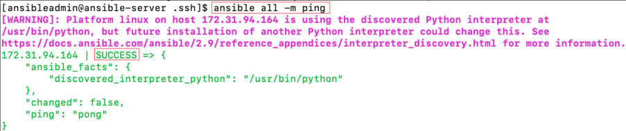 Screenshot illustrating ansible all -m ping