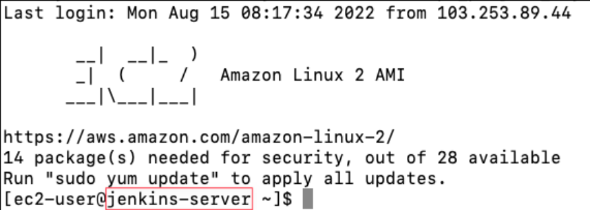 Screenshot illustrating this server to be “jenkins-server", reboot and ssh again: