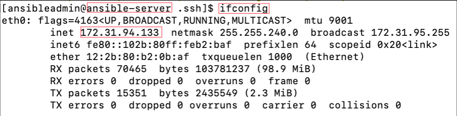 Screenshot illustrating Make sure you take note of the IP address of Ansible Server using “ifconfig” command: