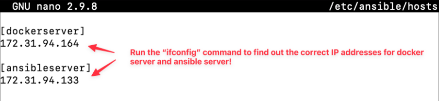 Screenshot illustrating private-ip-address-of-docker-server [ansibleserver] private-ip-address-of-ansible-server