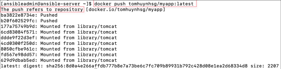 Screenshot illustrating docker push tomhuynhsg/myapp:latest
