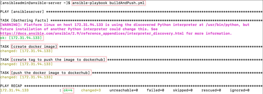 Screenshot illustrating ansible-playbook buildAndPush.yml