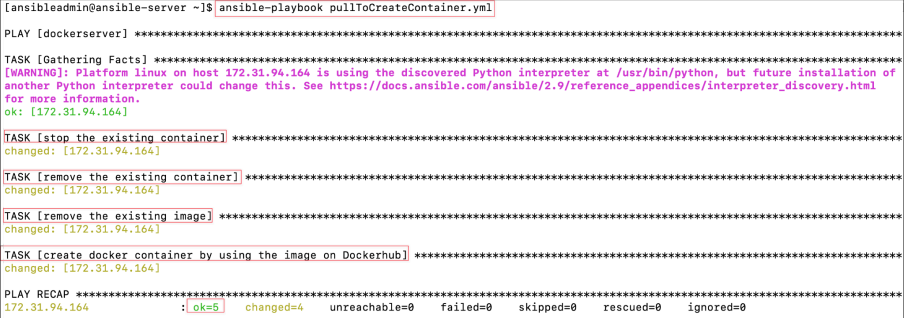 Screenshot illustrating ansible-playbook pullToCreateContainer.yml