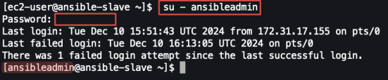 Screenshot illustrating Test Ansible user login: su - ansibleadmin