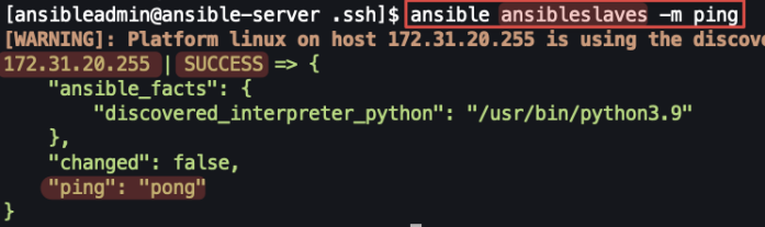 Screenshot illustrating ansible ansibleslave -m ping