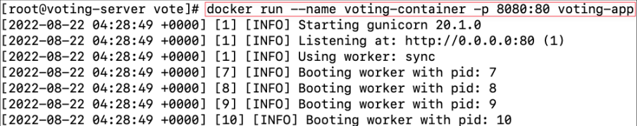 Screenshot illustrating docker run --name voting-container -p 8080:80 voting-app