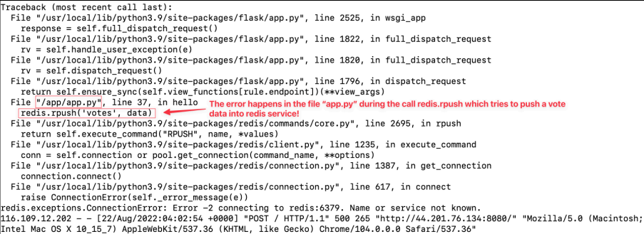 Screenshot illustrating If you check your terminal, you will see an error message inside our voting-app container: