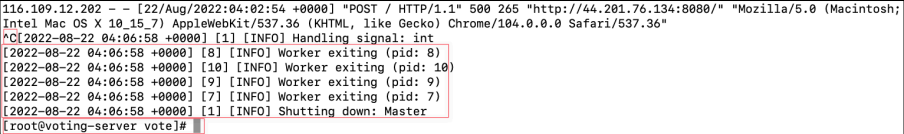 Screenshot illustrating You can stop the running voting-app container by pressing the keys combination “Ctrl+C”
