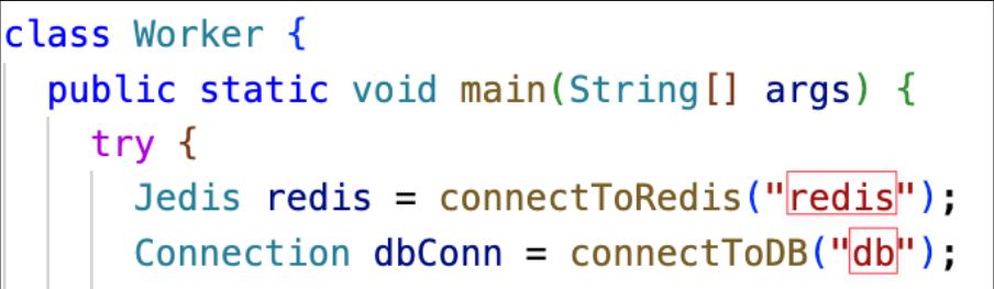 Screenshot illustrating Worker application depends on redis and db services: