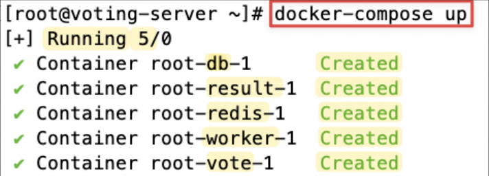 Screenshot illustrating docker-compose up