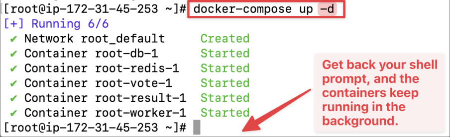 Screenshot illustrating docker-compose up -d