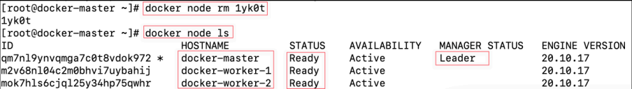 Screenshot illustrating docker node rm <node_id or node_hostname>
