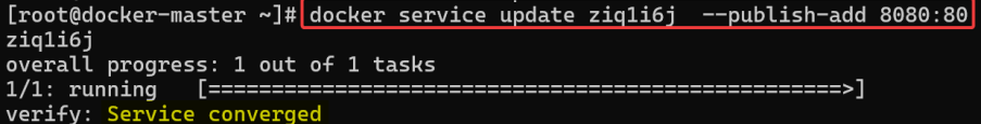 Screenshot illustrating docker service update <service-id> --publish-add 8080:80