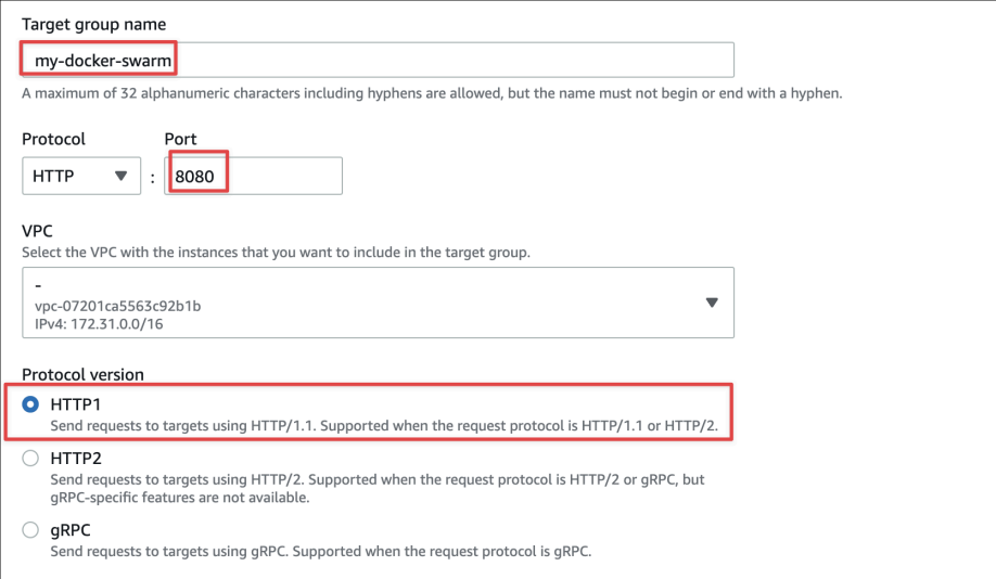 Screenshot illustrating Let's enter the name of our target group of EC2 instances with the port 8080:
